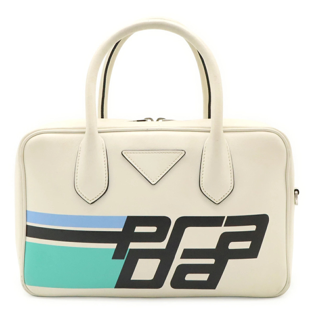 Prada Mirage Handbag Boston Bag City Calf Leather BIANCO White Black Strap